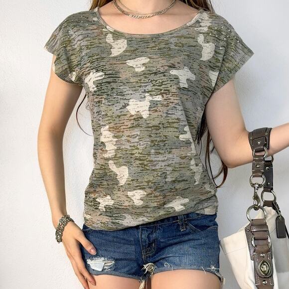 Camo Tee Shirt Semi Sheer Burn Out T-Shirt Y2K 00s Indie Sleaze Grunge SZ Medium - Picture 1 of 8